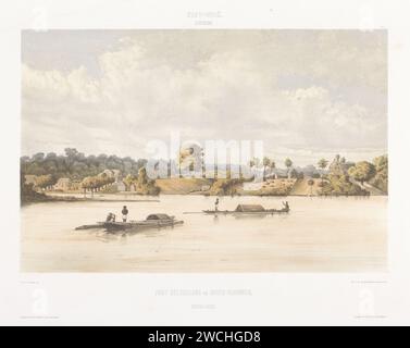 Vue de la Gueldre et des Juifs Savannah, Jonkheer Jacob Eduard van Heemskerck van Beest, d'après Gerard Voorduin, 1860 - 1862 print il y a deux bateaux à rames sur la rivière avec des flotteurs contenant quatre personnages. Différents bâtiments sur la banque. Imprimeur : Netherlandsprinter : Utrechtpublisher : Amsterdam Paper River Suriname Banque D'Images