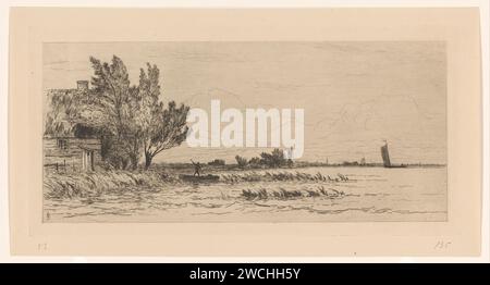 Vue du Loosdrechtse Plassen, Carel Nicolaas tempête de 's-Gravesande, v. 1880 impression sur la gauche sur la rive une maison et des arbres. Entre les roseaux, il y a un personnage avec un bâton sur un bateau. Gravure de papier pays-Bas / lac de point sec (+ paysage avec des figures, personnel). Poling, punting Loosdrechtse Plassen Banque D'Images