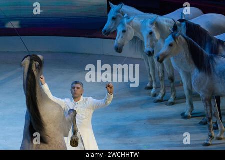 Budapest, Hongrie. 15 janvier 2024. Le lauréat du prix de bronze Alex Giona (Italie) effectue un entraînement à la liberté et à l'acte de cheval lors du gala du 15e Festival International du Cirque de Budapest à Budapest, Hongrie, le 15 janvier 2024. Crédit : Attila Volgyi/Xinhua/Alamy Live News Banque D'Images