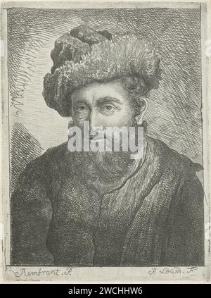 Portrait d'un homme inconnu, Pieter Louw, d'après Rembrandt van Rijn, 1735 - 1800 tirage Portrait d'un homme barbu inconnu avec chapeau sur la tête. gravure de papier personnage historique anonyme représenté seul. casque : casquette (+ vêtements pour hommes) Banque D'Images