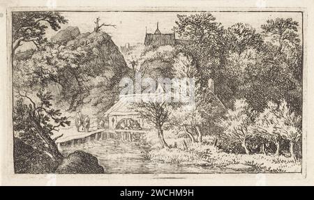 Moulin à eau au pied d'une montagne, Allaert van Everdingen, 1631 - 1675 imprimer Paysage avec une vue de trois personnes à un moulin à eau Quelques toits sont visibles derrière les montagnes. Moulin à eau de gravure de papier des pays-Bas dans le paysage Banque D'Images