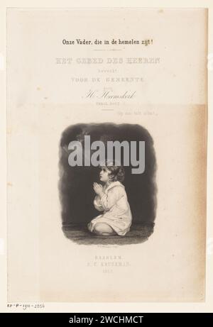 Fille priée, Willem Frederik Wehmeyer, 1852 imprimer Une fille s'agenouille avec les mains pliées sur le sol. Elle regarde la lumière qui traverse les nuages. Haarlem papier gravure / gravure fille (enfant entre le tout-petit et la jeunesse). une personne priant. page-titre Banque D'Images