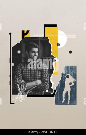 Vertical Creative collage image debout jeune souriant posant homme saisonnier collection de vêtements photo session modèle mains croisées Banque D'Images