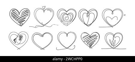 Ensemble de différents dessins vectoriels d'art de ligne de coeur. Illustration de Vecteur