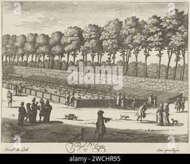 Étang à canards de Paleis Soestdijk, Hendrik de Leth, 1725 - 1747 imprimer vue de l'étang à canards dans le jardin du palais Soestdijk, avec des figures de marche. L'estampe fait partie d'une série de seize visages sur le palais Soestdijk et le domaine associé. palais de gravure de papier. oiseaux aquatiques : canard. étang, piscine (+ variante) Soestdijk Banque D'Images