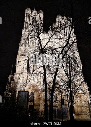Vue nocturne de la cathédrale notre-Dame de Reims, Reims, Marne, Champagne-Ardennes, région Grand-est, France Banque D'Images