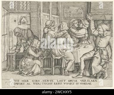 Deux paires dans une auberge, Cornelis Massijs, 1539 - 1544 imprimer dans une auberge, deux hommes et deux femmes sont assis à une table ronde. Pendant ce temps, deux autres femmes volent les hommes. A droite un nar regardant et souriant avec Marot qui exprime le texte en bas de la marge. Sur le mur est accrochée une impression avec la représentation d'un homme qui éclos des œufs, un poulet couronné et un coq avec des poussins. Sous l'impression le proverbe : tis den Huyse a large v [er] Three [t] // daer de hi [nne] crayt e [n] d [e] // [that not haane]. Avertissement pour le pouvoir de la femme, qui peut détruire l'homme. Papier Anvers gravant le Banque D'Images