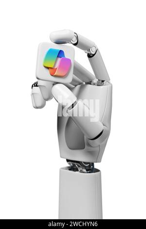 Buenos Aires, Argentine - 11 janvier 2024 : main robotisée tenant une icône de logo copilot isolée sur fond blanc. illustration 3d. Banque D'Images
