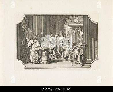 Couple de mariage à une colonne sacrificielle, Jan Wandelaar, 1710 - 1759 impression à l'avant est un prêtre dans une colonne de sacrifice dans un temple. Deux pigeons sont brûlés sur la colonne et la fumée monte en direction d’une image qui symbolise l’amour. La colonne est décorée de deux mains connectées comme symbole de connexion et de cœurs comme symboles d'amour. Derrière la colonne se trouve un jeune couple qui se promet fidèlement. A l'avant à droite, Amor avec son arc chasse la personnification de l'envie avec de l'eau le temple. Nord des pays-Bas gravure papier / gravure mariage, couple marié, 'matrimoniu Banque D'Images
