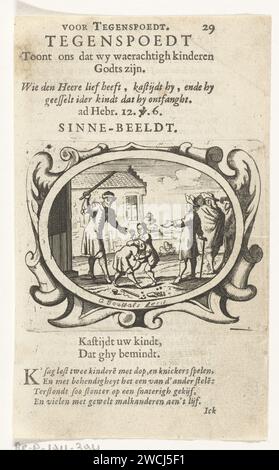 L'ajustement montre que nous sommes vraiment les enfants de Dieu, Gaspar Bouttats, 1679 imprimer page d'un livre (p. 29) avec texte sur verso. Dans un cartouche ovale, deux enfants qui se battent sont battus par leur père avec un bâton. À droite, les spectateurs regardent et commentent la scène. Au-dessus du cartouche, le titre (devise) de l'estampe et une citation de la Bible (Hébreux 12 : 6). Sous l'impression, une légende : « Kastt your child that ghy loves » et une description explique : un père a attrapé son enfant en train de se battre et le frappe attaché et bleu tandis que l'autre enfant est laissé seul. Dieu punit les enfants dont il se soucie le plus. pri Banque D'Images