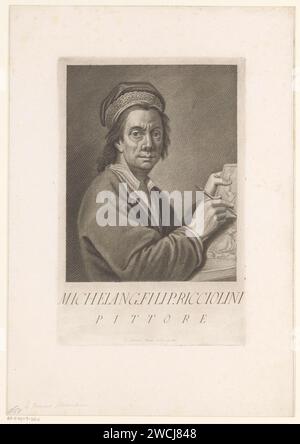 Portret Van Kunstenar Michelangelo Ricciolini, Antonio Pazzi, d'après Michelangelo Ricciolini, 1752 - 1762 print Italie gravure sur papier instruments à dessin. portrait, autoportrait de dessinateur. personnages historiques Banque D'Images