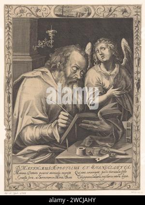 Mattheus de Apostle en Evangelist, Dietrich Krüger, 1615 imprimer scène avec l'arbre de Jesse processus dans le haut du cadre décoratif. Hamburg papier gravure l'apôtre et évangéliste Matthieu (Mattheus) ; attributs possibles : ange, hache, livre, halberd, stylo et encrier, sac à main, rouleau, carré, épée - portrait de saint mâle. Arbre de Jesse : arbre généalogique montrant les ancêtres du Christ, germant des reins de Jesse Banque D'Images