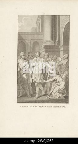 Marcus Regulus vertrek expédie Rome, Ludwig Gottlieb Portman, après James Buys, 1794 imprimer le commandant de l'armée romaine Regulus, fidèle à sa parole, retourne à l'ennemi Carthage après avoir conseillé au Sénat romain de ne pas négocier avec les Carthagers. Là, une mort de torture attendra. Amsterdam papier gravure Marcus Miriam Regulus départ pour Carthage Banque D'Images