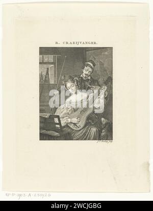 Femme joue sur Guitaar et est un modèle pour l'artiste, Johannes Christiaan Bendorp, d'après Reinier Craeyvanger, 1776 - 1847 imprimer pays-Bas papier gravure / gravure cithern, mandoline, guitare, balalaika. une personne jouant d'un instrument. art (+ en atelier ou studio). art (+ modèle, sitter) Banque D'Images