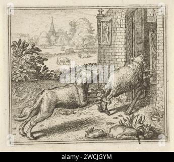 Fable du Loup et du Schaap, Anonyme, d'après Aegidius Sadeler (II), d'après Marcus Gheeraerts (I), 1608 - 1679 imprimer Un mouton s'écoule dans une église, suivi d'un loup. La fable décrit comment un loup hante un mouton et est enfermé dans une église. La morale de l'histoire montre que les gens peuvent mieux contrôler leurs convoitises. Les fables de gravure sur papier de Prague. bêtes de proie, animaux prédateurs : loup. mouton. église (extérieur) - QQ - petite église, chapelle Banque D'Images