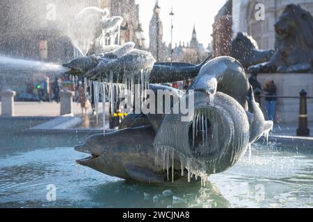 Londres, Royaume-Uni. 16 janvier 2024. Le gel continue dans le centre de Londres avec des glaçons toujours accrochés aux fontaines de Trafalgar Square au soleil. Crédit : Malcolm Park/Alamy Live News Banque D'Images