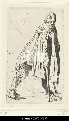 Begelaar avec béquilles, vu à droite, Anonyme, d'après Jacques Callot, 1622 - 1670 imprimé Homme, vêtu de chiffons, vu à droite, marchant à l'aide de deux béquilles. Ce tirage fait partie d'une série de 25 (?) Estampes avec mendiants et vagabonds, comme Callot qui a probablement vu en Italie. France (peut-être) mordant de gravure de papier. béquilles Banque D'Images