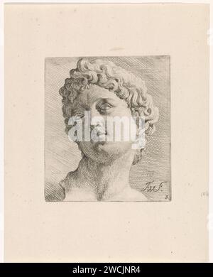 Portrait buste d'un homme à gauche, Augustine Terwest (I), 1672 - 1711 imprimer tête d'un jeune homme à gauche. À une sculpture classique. Pièce de sculpture en gravure sur papier Rome, reproduction d'une pièce de sculpture Banque D'Images