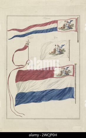 Drapeaux de la Marine de la République batave, 1796, Hendrik Roosing, 1796 impression quatre variantes du nouveau drapeau de la Marine de la République batave, introduit le 1 mars 1796. Les différentes formes sont : Standard, Pennant, Geus et Vlag. Le drapeau de la marine se distingue par l'ajout d'un emblème allégorique dans lequel la Vierge néerlandaise et le Lion néerlandais tiennent ensemble une lance avec la haine de la liberté. Rotterdam papier gravure / gravure drapeau, couleurs (comme symbole de l'état, etc.). drapeaux et normes (militaires) (+ force navale) Banque D'Images