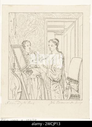 Une femme près de ses toilettes, Joannes Bemme, d'après Philip van Dijk, 1800 - 1841 print Une femme se tient devant un miroir et tresse ses cheveux. En arrière-plan vient un serviteur avec un plateau sur lequel se tient une caraaf. Un instrument à cordes peut être vu sur la gauche au premier plan. toilette pour la gravure de papier. regarder dans le miroir ; contemplation de sa propre beauté. serviteur Banque D'Images