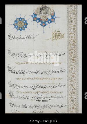 Un firman de Muhammad Shah Qajar, nommant Mirza 'Abd al-Wahhab Tabib comme médecin de son frère Qahraman Mirza, gouverneur du Khorasan, y compris l'allocation de fonds et de salaire, Perse, daté de novembre-décembre 1835. Banque D'Images