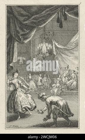 Cendrillon sur le bal, Simon Fokke, d'après G. Edelinck, 1754 - 1784 imprimer Un jeune homme s'agenouille avec une chaussure de femme à la main pour Assepeoster. À son tour, elle tient son pied pour ajuster la chaussure. Dans la vue de fond d'une salle de bal avec des gens dansant. Cette impression est réalisée par l'histoire de Cendrillon de 'Vertellingen de mère de Gans - Contes du tems passé de Ma mere l'Oye' de Charles Perrault. Boule de gravure en papier Amsterdam, danse formelle. enfiler (attacher) ou enlever (détacher) des sandales ou des chaussures. Contes et contes de fées (avec TITRE) Banque D'Images