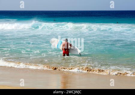 Surfeurs, Playa Piedra surf Beach, El Cotillo, Fuerteventura, Îles Canaries, Espagne. Banque D'Images