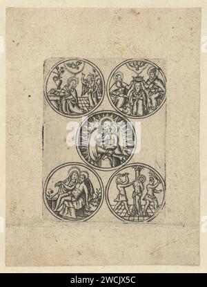 Maria avec enfant et quatre scènes de sa vie., Monogrammist S (16e siècle), 1510 - 1530 imprimer cinq médaillons. Marie avec Christ enfant à Stralenkrans. Quatre scènes autour de lui : l'annonce, le couronnement de Marie avec la sainte trinité, la mission du Christ et le décapage du Christ. Gravure sur papier des pays bas 'Marianum', Madonna en auréole ou mandorla (entourée du rosaire), Marie dans la gloire. L'Annonciation : Marie agenouillée. Couronnement de Marie par Dieu le Père et Christ. 'Pietà', 'Vesperbid', 'Marienklage' (aucun autre présent) : Christ, avec ou sans couronne d'épines, mou Banque D'Images