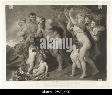 Bacchanaal rencontre Silène, Charles Howard Hodges, d'après Peter Paul Rubens, 1789 print le Silène ivre est soutenu par des saters et des bacciens dans une procession festive avec des musiciens. Gravure sur papier de Londres (histoire de) Silenus. Les thiasos, c'est-à-dire la déroute de Bacchus, bacchanal sans Bacchus Banque D'Images