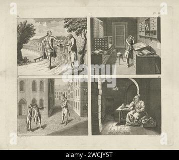 Quatre représentations sur les caractéristiques de l'âme, planche 4, Jan Evert grave, 1786 - 1806 impriment quatre représentations en ce qui concerne l'âme de l'homme. En haut à gauche, marquée N. 45 : un homme donne une aumône sur un mendiant sur le bord de la route. En haut à droite, marquée O. 46 : un érudit dans son bureau. Sous la gauche, marquée P. 47 : deux hommes parlent dans la rue et pointent le doigt vers un autre homme. Sous la droite, marquée Q. 48 : un vieil homme est assis à une table dans une prison. Amsterdam papier gravure / gravure érudit dans son étude. aumônes ; collection. l'âme au cours de la vie. mendiant. Crâne comme symbole de 'Vanitas'. prison Banque D'Images