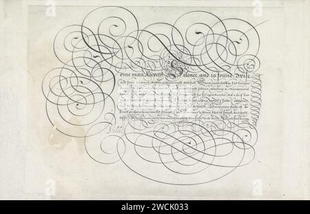 Conception d'un exemple d'écriture : un homme keepeth Silence (...), 1605 dessin dessin calligraphique avec des initiales et huit lignes de texte en anglais : un homme keepeth silence ... Le texte est encadré par curl. Le dessin fait partie d'un album. Papier Rotterdam. stylo à encre / calligraphie calligraphie Banque D'Images