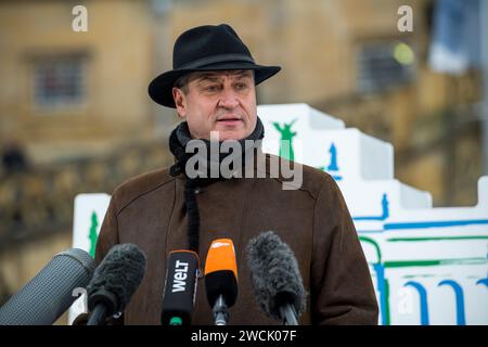 Bad Staffelstein, Allemagne. 16 janvier 2024. Markus Söder (CSU), ministre-président de Bavière, intervient lors du communiqué de presse au début de la retraite hivernale du groupe parlementaire CSU. Crédit : Daniel Vogl/dpa/Alamy Live News Banque D'Images