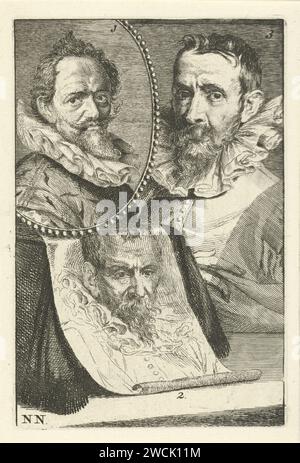 Les portraits de Hans von Aachen, Pieter Brueghel II et Jan Brueghel I, Jan l'Admiral, 1764 impriment trois portraits d'artistes numérotés. Portrait de Hans von Aachen (n° 1), Pieter Brueghel II (n° 2) et Jan Brueghel I (n° 3). Marque d'impression marquée : nn. gravure du papier Banque D'Images