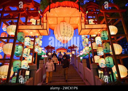 Pékin, province chinoise du Jiangsu. 15 janvier 2024. Les touristes visitent un parc décoré d'installations lumineuses dans la ville de Nanjing, dans la province du Jiangsu, dans l'est de la Chine, le 15 janvier 2024. Divers événements sont organisés à travers le pays pour célébrer le nouvel an lunaire chinois, qui tombe le 10 février de cette année. Crédit : Fang Dongxu/Xinhua/Alamy Live News Banque D'Images