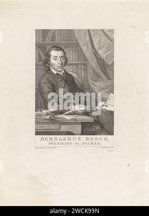 Portrait de Bernardus Bosch, Reinier Vinkeles (I), 1782 - 1816 tirage Portrait de Bernardus de Bosch, pasteur et poète à Diemen. Amsterdam gravure sur papier / gravure Quill. etude ; 'studiolo' ; bibliothèque Banque D'Images