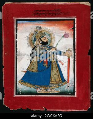 Un souverain sikh tenant une fleur de lotus.Peinture de gouache par un peintre indien. Banque D'Images