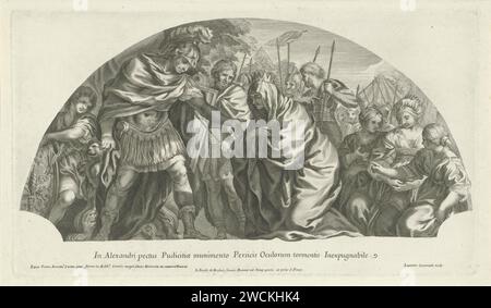 La générosité d'Alexandre le Grand, Conrad Lauwers, d'après Pietro da Cortona, 1642 - 1658 imprimer la mère de Darius, Sisygambis, s'agenouille pour le vainqueur Alexandre le Grand. Alexandre tend la main pour l'aider à se tenir debout, les serviteurs et les soldats regardent. Sur la droite se trouvent la femme de Darius et ses deux filles qui avaient capturé Alexandre avec Sisygambis. Présentation en demi-cercle, dans la marge munie d'une ligne de texte en latin. Gravure sur papier / gravure la famille de Darius s'agenouille devant Alexandre, qui demande à Sisigambis, la mère de Darius, de se lever Banque D'Images