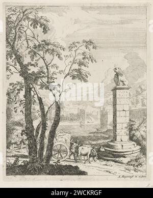 Paysage avec un chariot à foin et un monument, Albert Meyering, 1695 - 1714 estampe dans un paysage, un chariot à foin, tiré par deux bœufs, passe devant une colonne un lion. En arrière-plan une ville sur un lac. Amsterdam gravure sur papier / gravure Hay-wagon. monument, statue. bêtes de proie, animaux prédateurs : lion. lac Banque D'Images