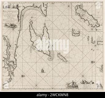 Carte d'accès du golfe de paria avec l'embouchure de la rivière Orénoque, Jan Luyken, 1684 - 1799 imprimer carte d'accès du golfe de paria avec l'embouchure de la rivière Orénoque et carte de pari de Tobago. Avec deux rosiers compas, le nord est sur la droite. En haut à gauche un singe avec le titre et l'adresse de l'éditeur. En bas à droite Neptunus avec trident et couronne sur un cheval de mer accompagné de deux Meermans. Deux hommes avec des balles de marchandises dans l'échelle, montré en allemand, espagnol et anglais ou français miles (échelle : c. 1 : 1 100 000). Amsterdam papier gravure / gravure singes, singes. merman. (sto Banque D'Images