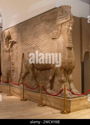 Lamassu assyrien (taureau ailé à tête humaine), palais de dur-Sharrukin, Khorsabad, Irak, aujourd'hui au musée de l'Irak, Bagdad, Irak Banque D'Images