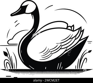 Illustration en noir et blanc d'un cygne sur un lac. Image vectorielle. Illustration de Vecteur