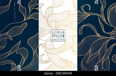 Vector Set motifs floraux de feuilles, boîtes d'emballage art déco à base de plantes dorées, étiquettes de feuilles de thé. Étiquettes de fond organiques, modèles de fleurs de luxe Illustration de Vecteur