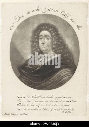 Portrait du poète Jan Norel, Pieter Schenk (I), 1700 - 1713 estampe le poète Jan Norel avec une perruque longue boucle. À côté de lui un buste et une bibliothèque en arrière-plan. Amsterdam papier gravure portrait d'un écrivain. perruque. livre Banque D'Images