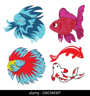 Ensemble d'icônes de poissons colorés. Illustration vectorielle isolée sur fond blanc. Illustration de Vecteur