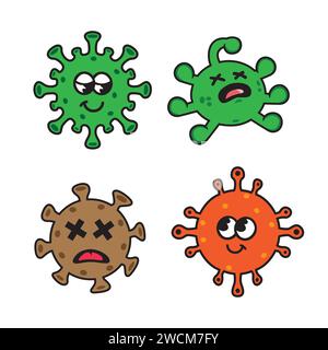 Jeu de caractères de virus de dessin animé. Coronavirus 2019-nCoV, SARS-COV-2, SARS-COV-2, SARS-COV-2. Illustration de Vecteur