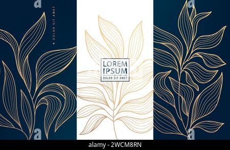 Vector Set motifs floraux de feuilles, boîtes d'emballage art déco à base de plantes dorées, étiquettes de feuilles de thé. Étiquettes de fond organiques, modèles de fleurs de luxe Illustration de Vecteur