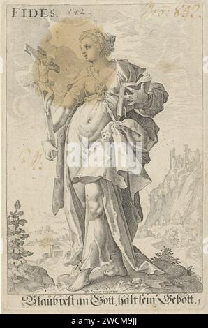 Geloof (Fides), anonyme, d’après Jacob Matham, d’après Hendrick Goltzius, 1587 - 1637 imprimer la foi personnalisée ; Une figure féminine avec un crucifix et une Bible. Papier gravure foi, 'foi' ; 'Fed ',' foi catholique ',' Fed Christian ',' Fed Christian Church '(Ripa)  l'une des trois vertus théologiques Banque D'Images