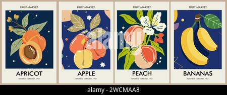 Ensemble d'affiches rétro abstraites du marché des fruits. Illustration de Vecteur