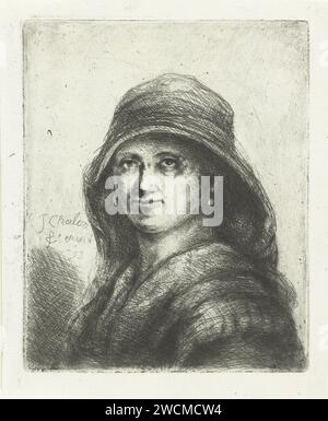 Femme avec capuche, Jan Chalon, 1793 impression Portrait d'une jeune femme. Buste vers la gauche. Elle porte une cagoule au-dessus de sa tête. Nord des pays-Bas gravure sur papier / morphologie des points secs de l'expression humaine (+ femelle adulte (être humain)). casque : capuche Banque D'Images