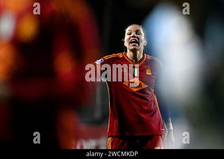 Elena Linari de AS Roma réagit lors du match de football féminin Serie A 2023/2024 entre AS Roma et Pomigliano Calcio Femminile au stade tre fontane, Rome (Italie), le 13 janvier 2024. Banque D'Images